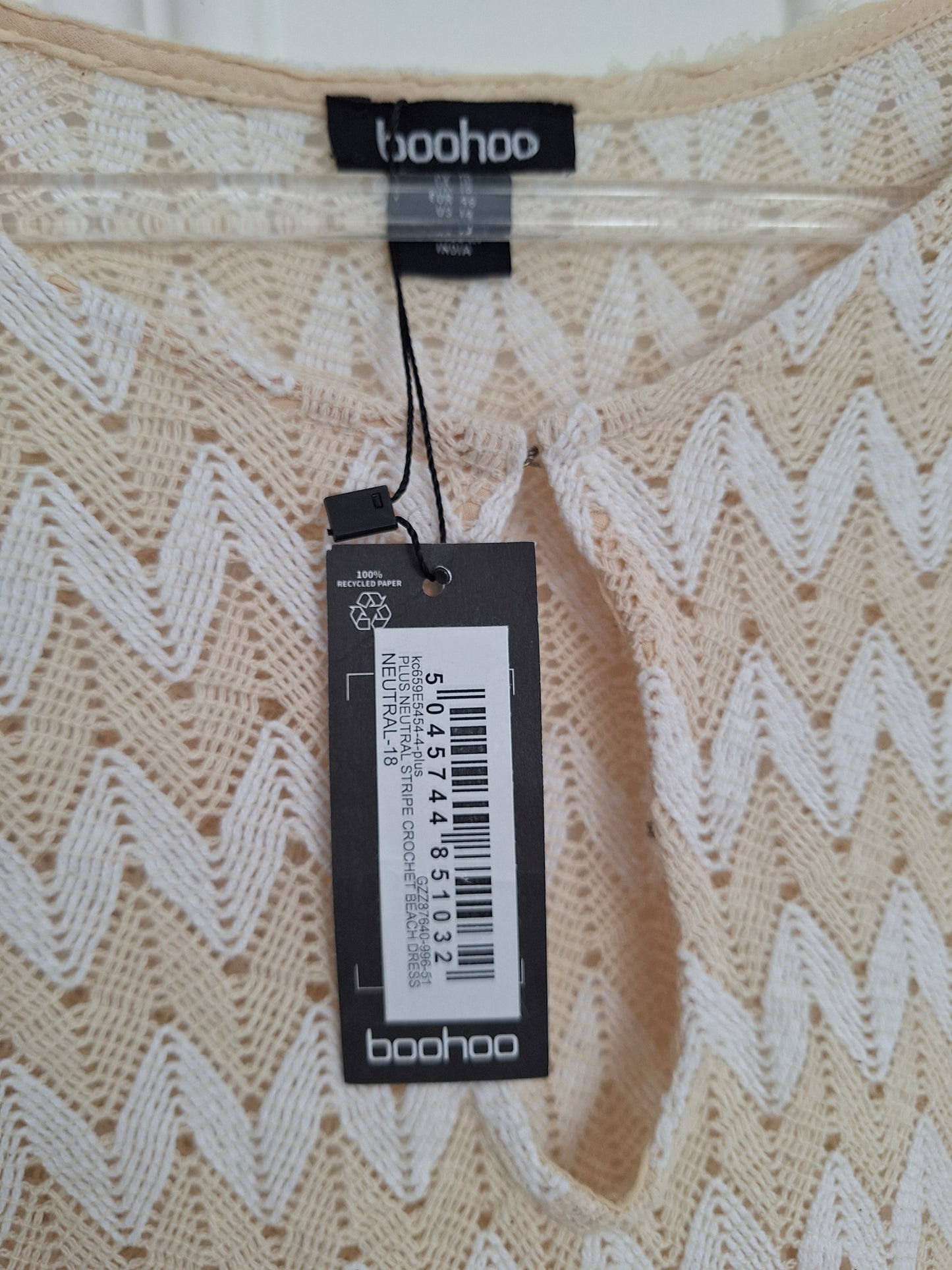 Boohoo Neutral Stripe Crochet Beach Dress UK 14-16