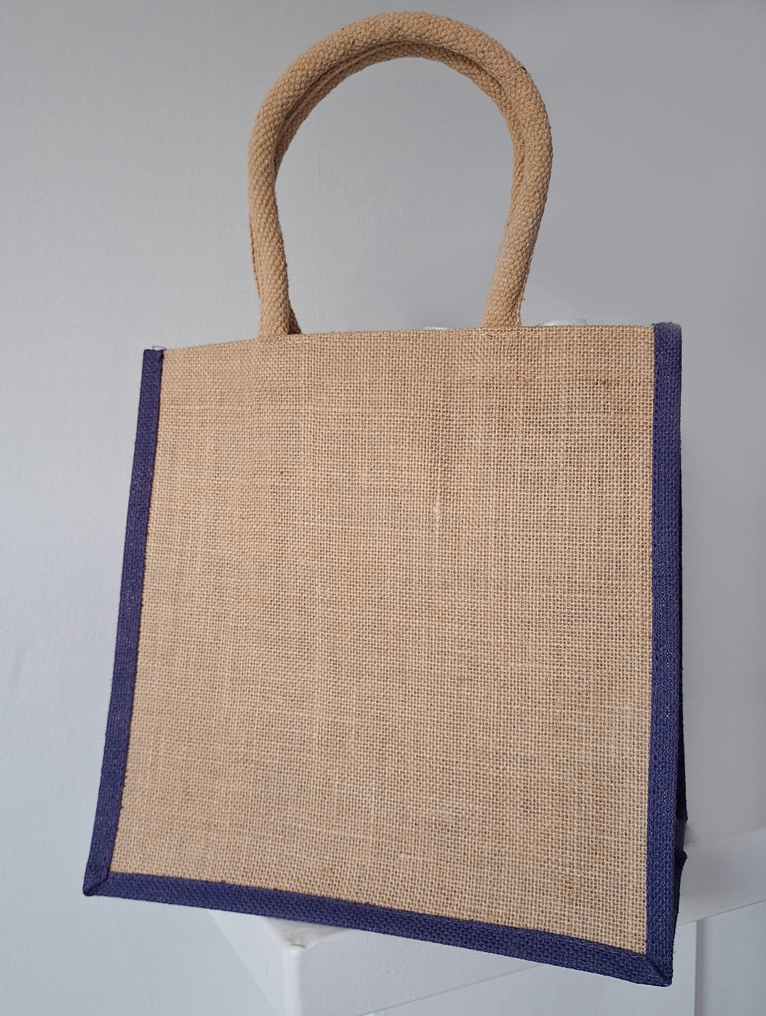 Purple Trim Jute Bag White Dog Motif - Back