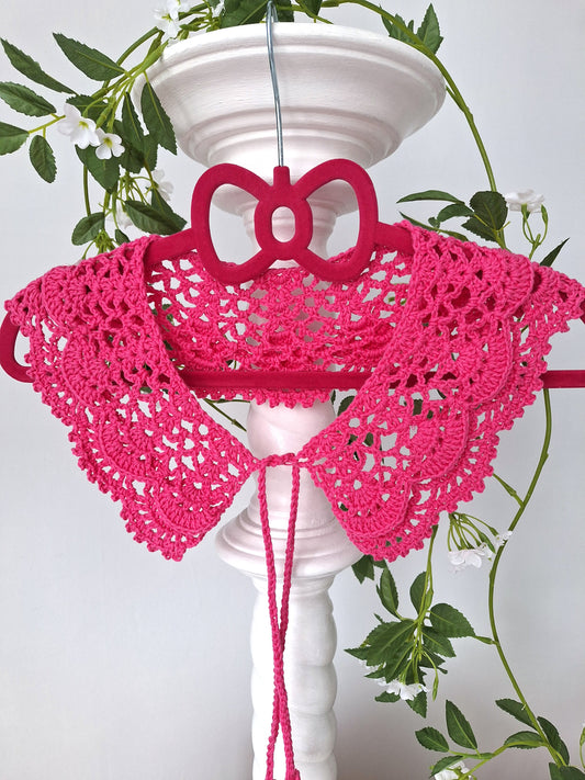 100% Cotton Pink Crochet Detachable Collar Cerise  - Front