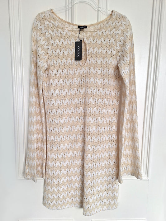 Boohoo Neutral Stripe Crochet Beach Dress UK 14-16 - Front