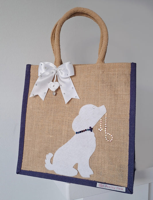 Purple Trim Jute Bag White Dog Motif - Front