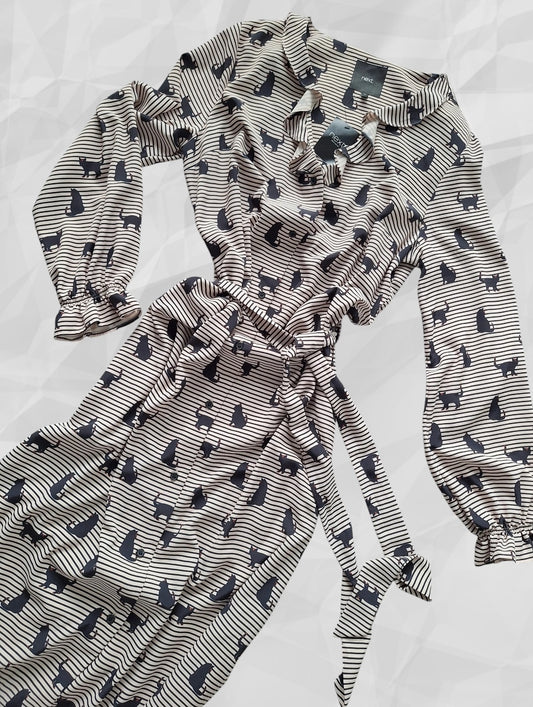 Next Cat Pattern Striped Dress UK 14 - Front